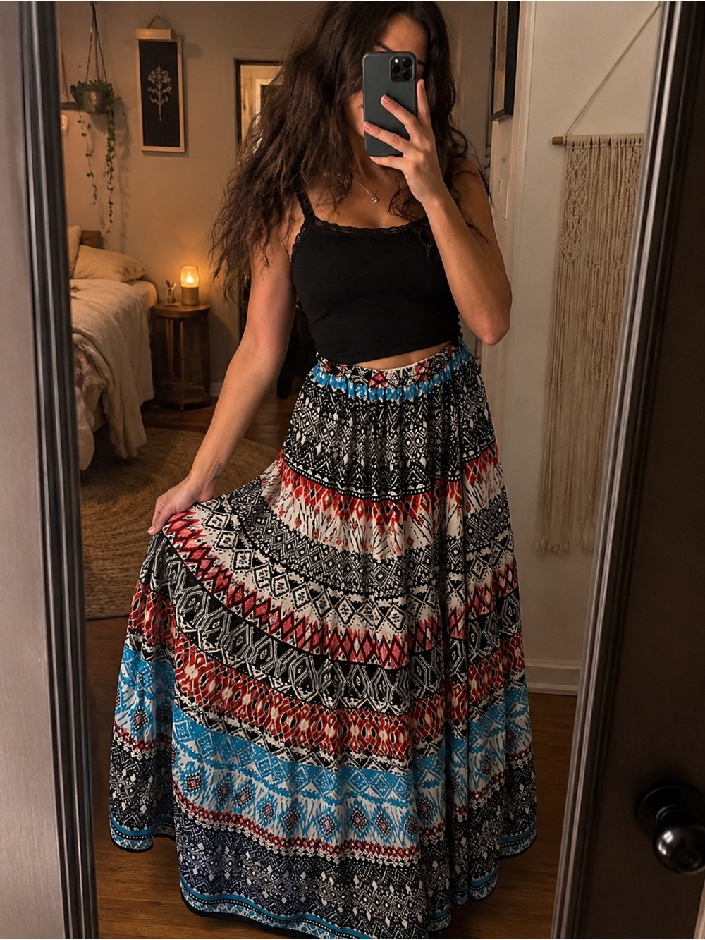 Bohemian Maxi Skirt with Multi-Color Aztec Print